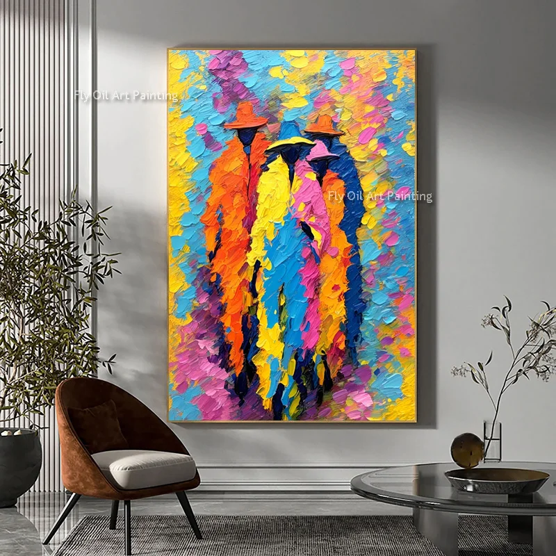 Colorful Crowd Figures Oil Painting Abstract People Palette Knife Canvas Wall Art Handmade Vertical Impasto Artwork
