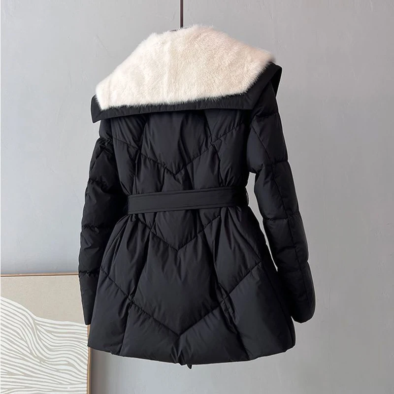 Women's Black Down Coat With Belt Fur Grass Down Coat Woolen Collar Winter Thickened Insulation Fashion White Duck Down Coat