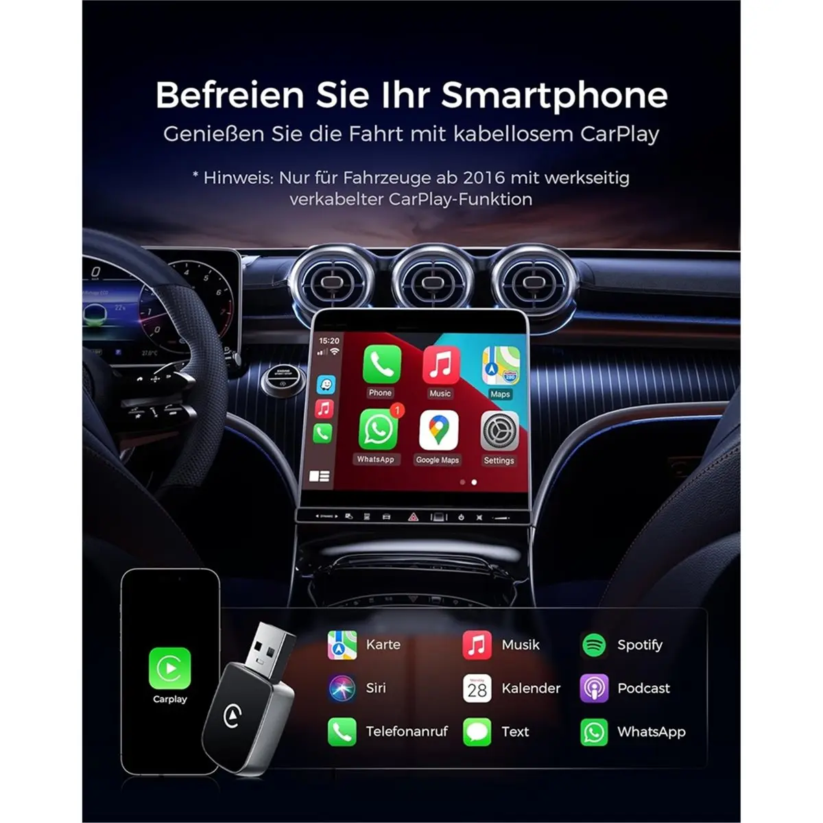 CarPlay Wireless Adapter,V5.3 Bluetooth Stable Connection,5.8 GHz WiFi Fast Data Transfer, USB C/A,for IOS 10+