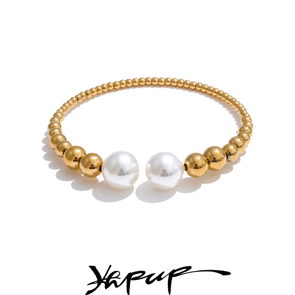 Yhpup-pulsera abierta con cadena de perlas redondas populares, 60mm, resistente al deslustre, Metal, acero inoxidable, joyería atractiva de verano