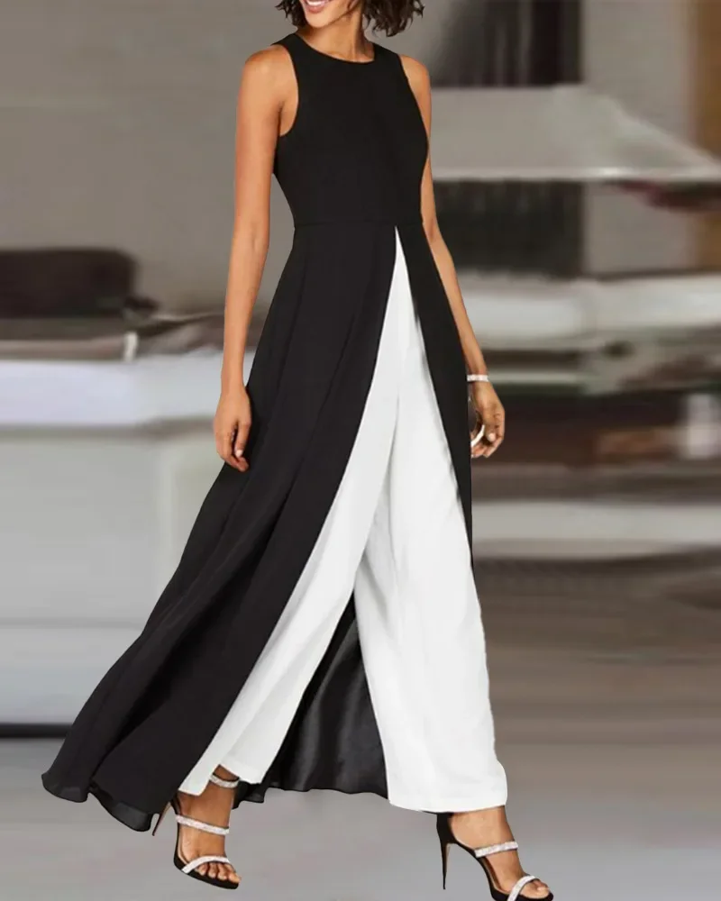 Jumpsuits Women Contrast Color High Waist Black Round Neck Sleeveless Jumpsuit O-neck Summer Wide Leg Pants Jumpsuits