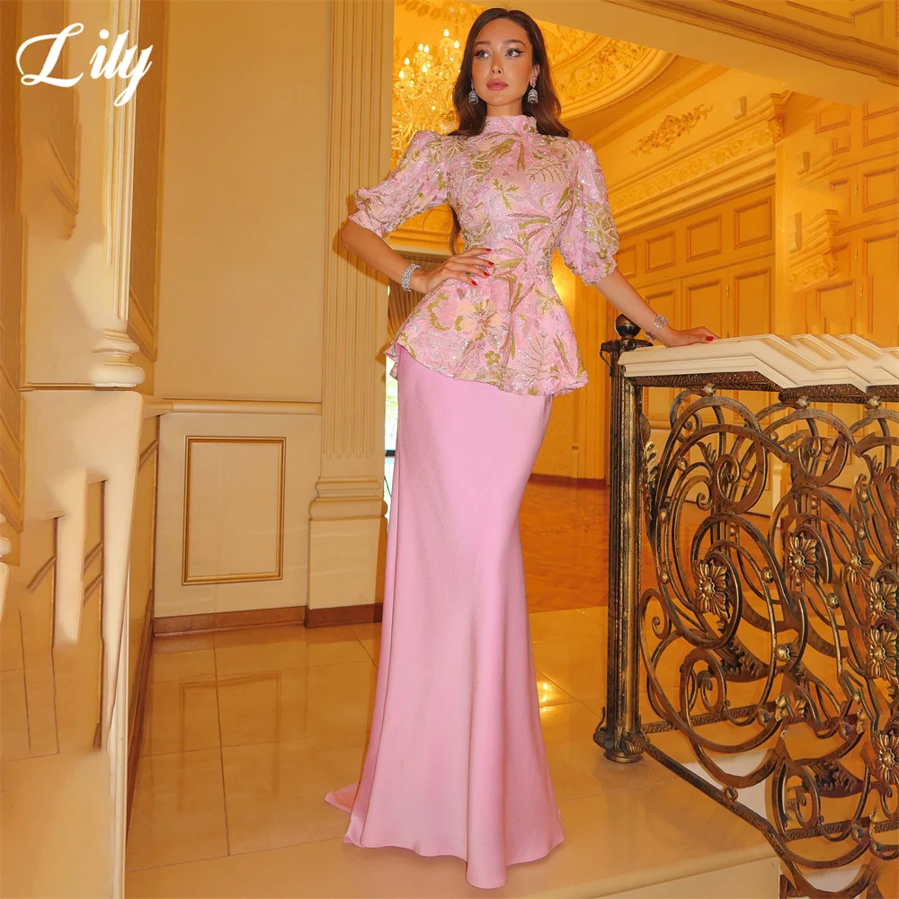 Lily Pink Evening Dress High Neck Floral Sequin Embroidery Gala Dresses Satin Mermaid Prom Dress Modest Party Dress Customized