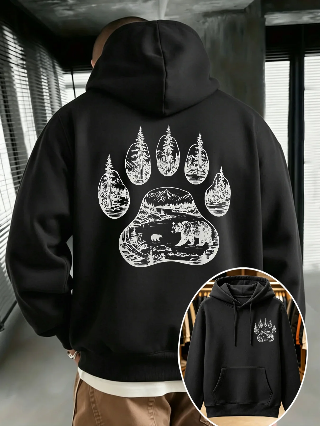 Vintage Wilderness Bear Paw Men Hooded Sweatshirt Mountain Forest Graphic Print Autumn Winter Fleece Lined Streetwear Hoodie