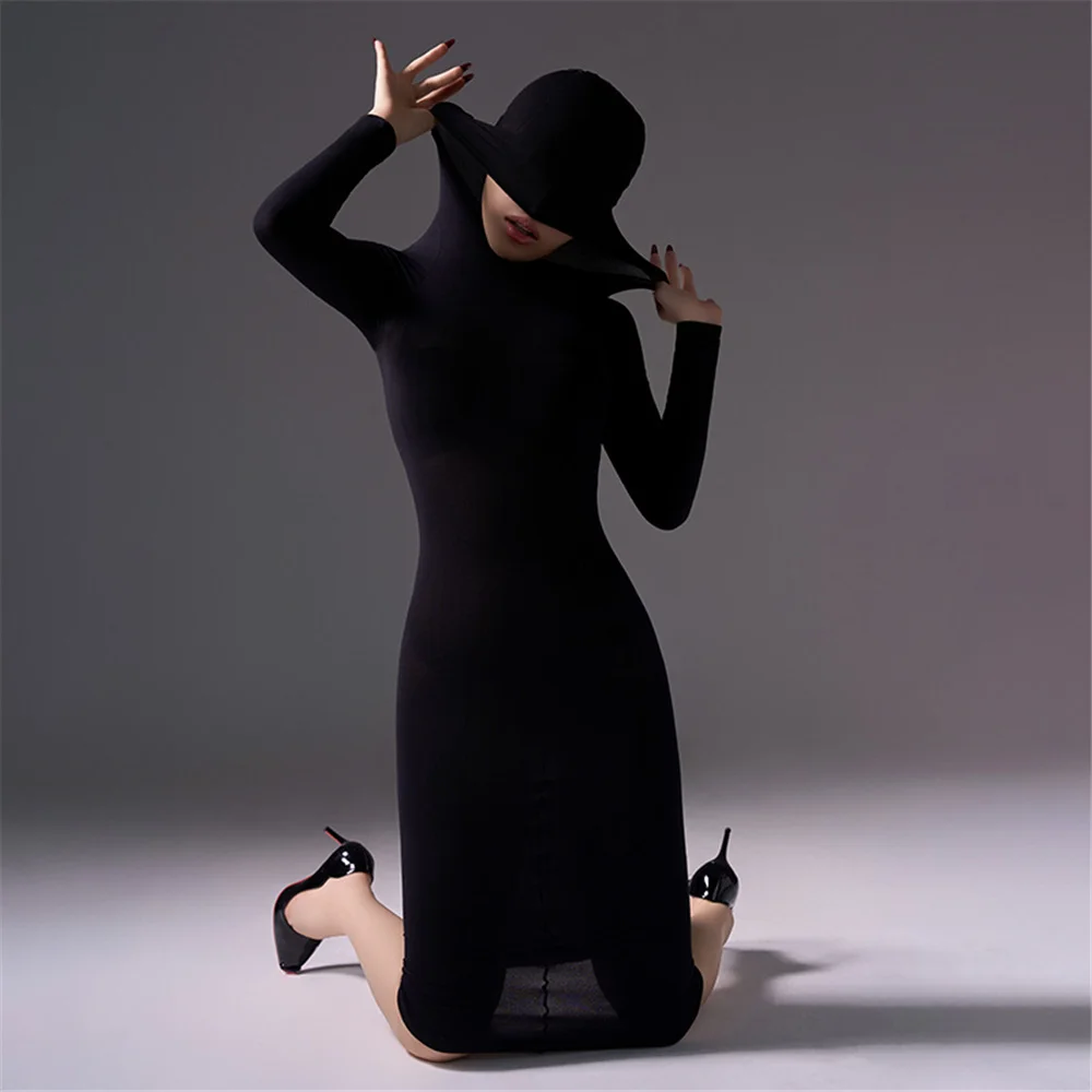 Sexy Women Tight Pencil Dress 120D Mask Cover Head Elastic Bodycon Dress Push Up Packet Hip Stretch Step Dress Maid Wear