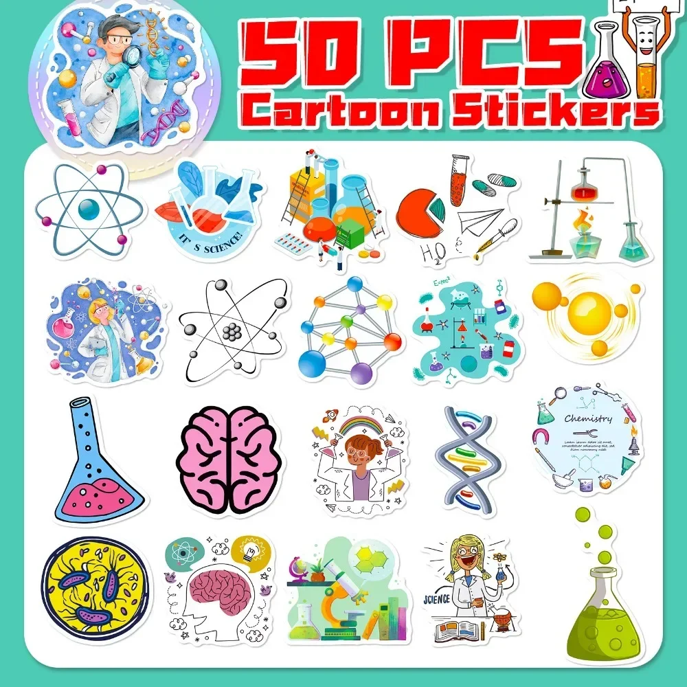 50PCS Cartoon Science Lab Sticker Aesthetic DIY Decoration Laptop Phone Skateboard Car Waterproof Sticker for Kids Gift