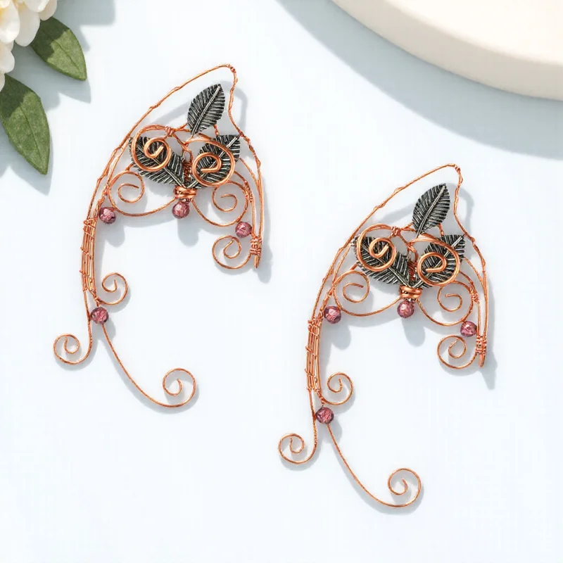 

1Pair Fairy Ear Cuffs Retro Alloy Wire Wrapped Ear Clip for Women Leaves Diamond Decor Day Wear Christmas Party Elf Style Cuff