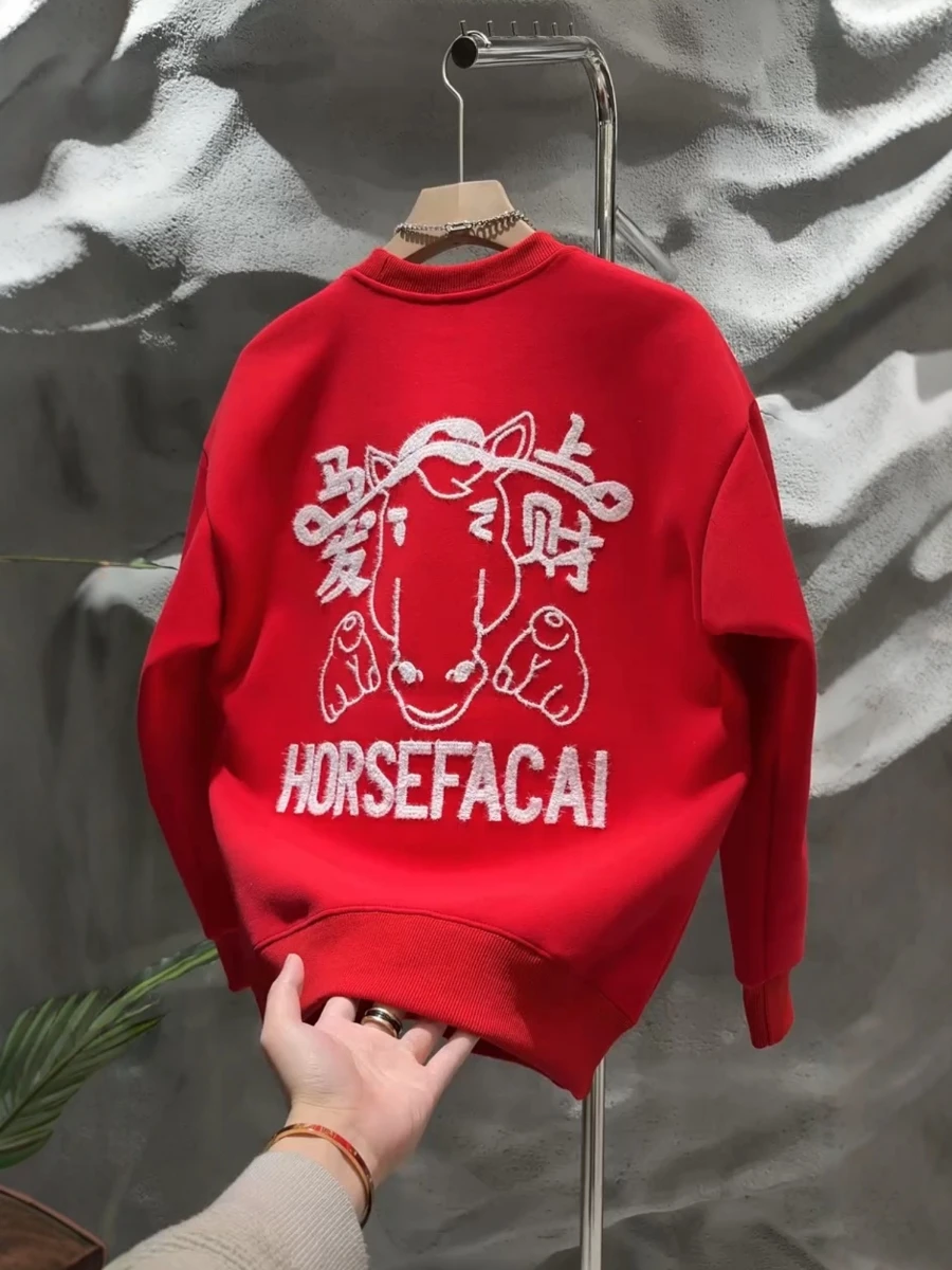 

Модный мужской свитшот, новинка осени-зимы, красный, с новогодним зодиакальным узором, повседневный, удобный, в национальном стиле, ACMEOSTUDO