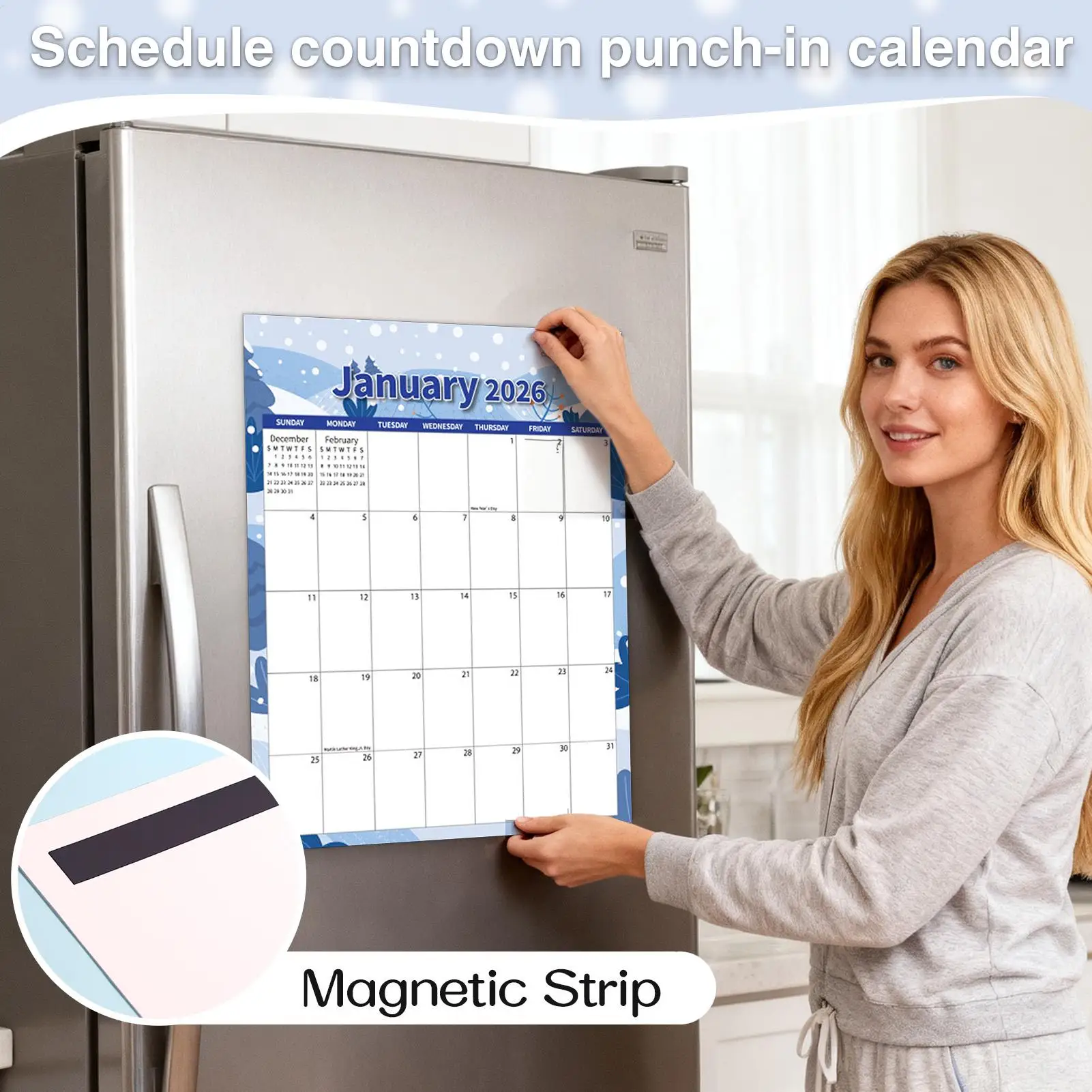 

Магнитный календарь для холодильника, 12 месяцев, 2026, календарь с расписанием, устойчивый к размазыванию магнитный график, обратный отсчет, перфоратор для