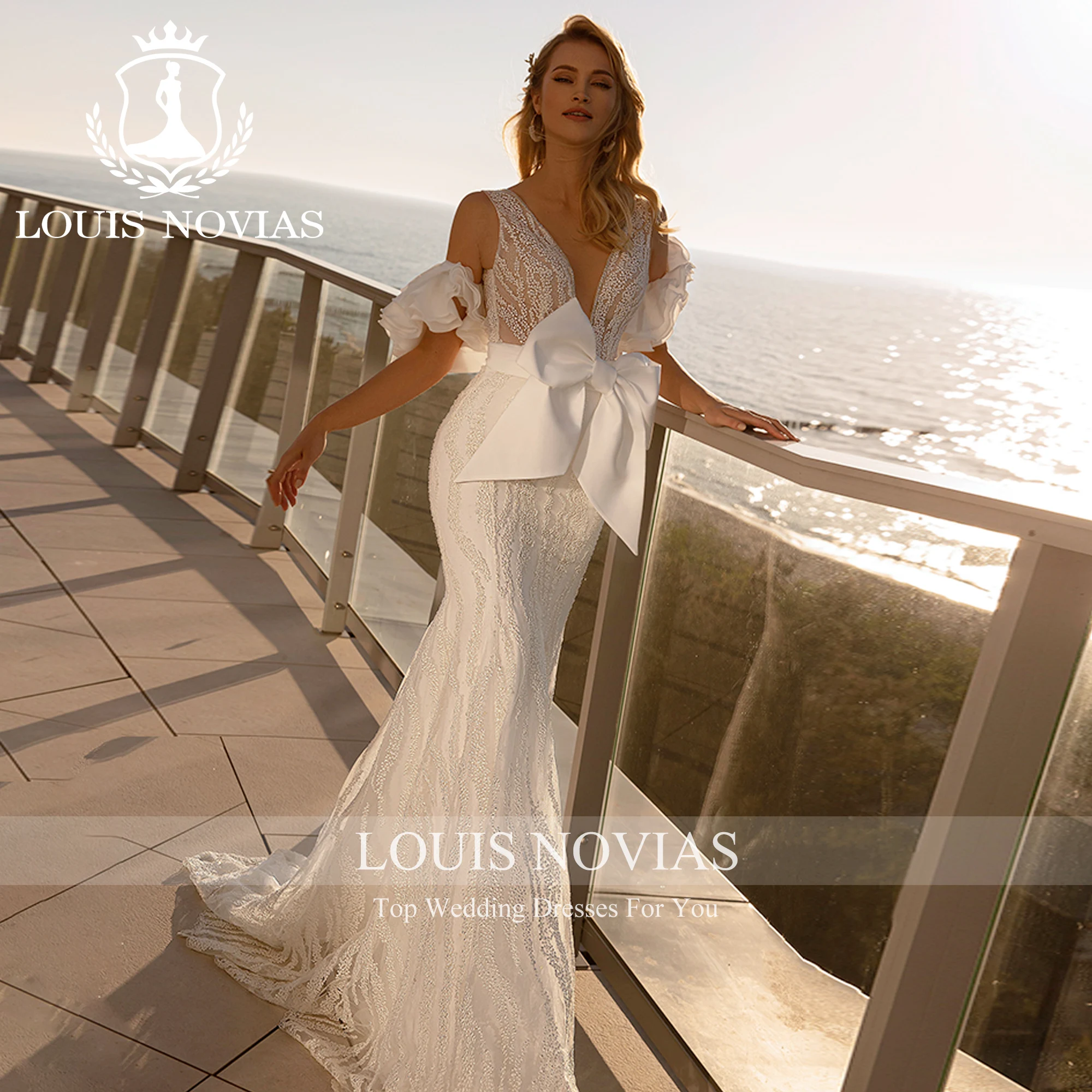 Louis Novias Luxe Zeemeermin Trouwjurk 2023 V-Hals Mouwloze Semi-Transparante Strik Trouwjurk Vestidos De Novia