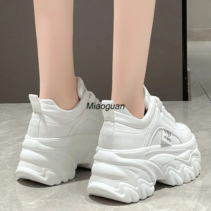 White Black Chunky Sneakers Women Spring Autumn Thick Bottom Shoes Woman\'s Fashion PU Leather Platform Sneakers Ladies Lace-up