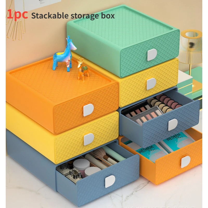 

Desktop Stackable Organizer Drawer Office Accessories Colorful Storage Box Makeup Plastic Storage Container Bathroom Storage 1Pc