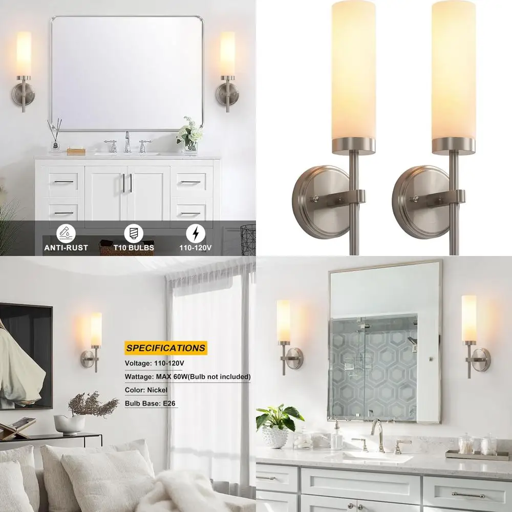 

Pair of Modern Brushed Nickel Bathroom Wall Sconces with White Glass for Mirrors, Living Spaces, and Bedrooms