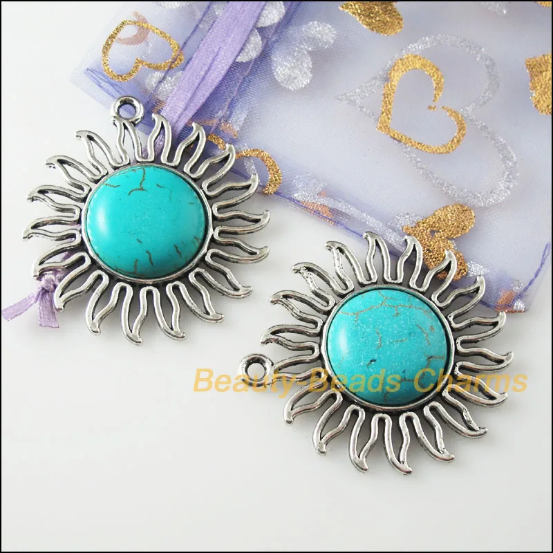 3Pc Retro Tibetan Silver Sun Flower Charms Pendants 42.5x46mm