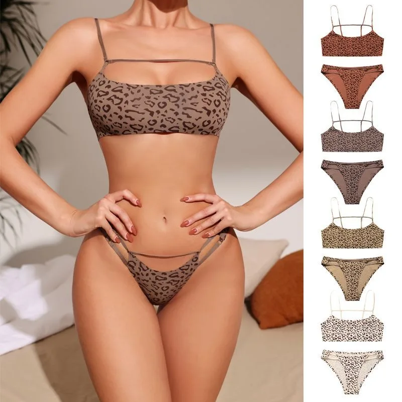 

Женский сексуальный комплект нижнего белья с леопардовым принтом, бесшовное нижнее белье с низкой талией, бюстгальтер с открытой спиной без подкладки, стальной комплект бикини без оправы