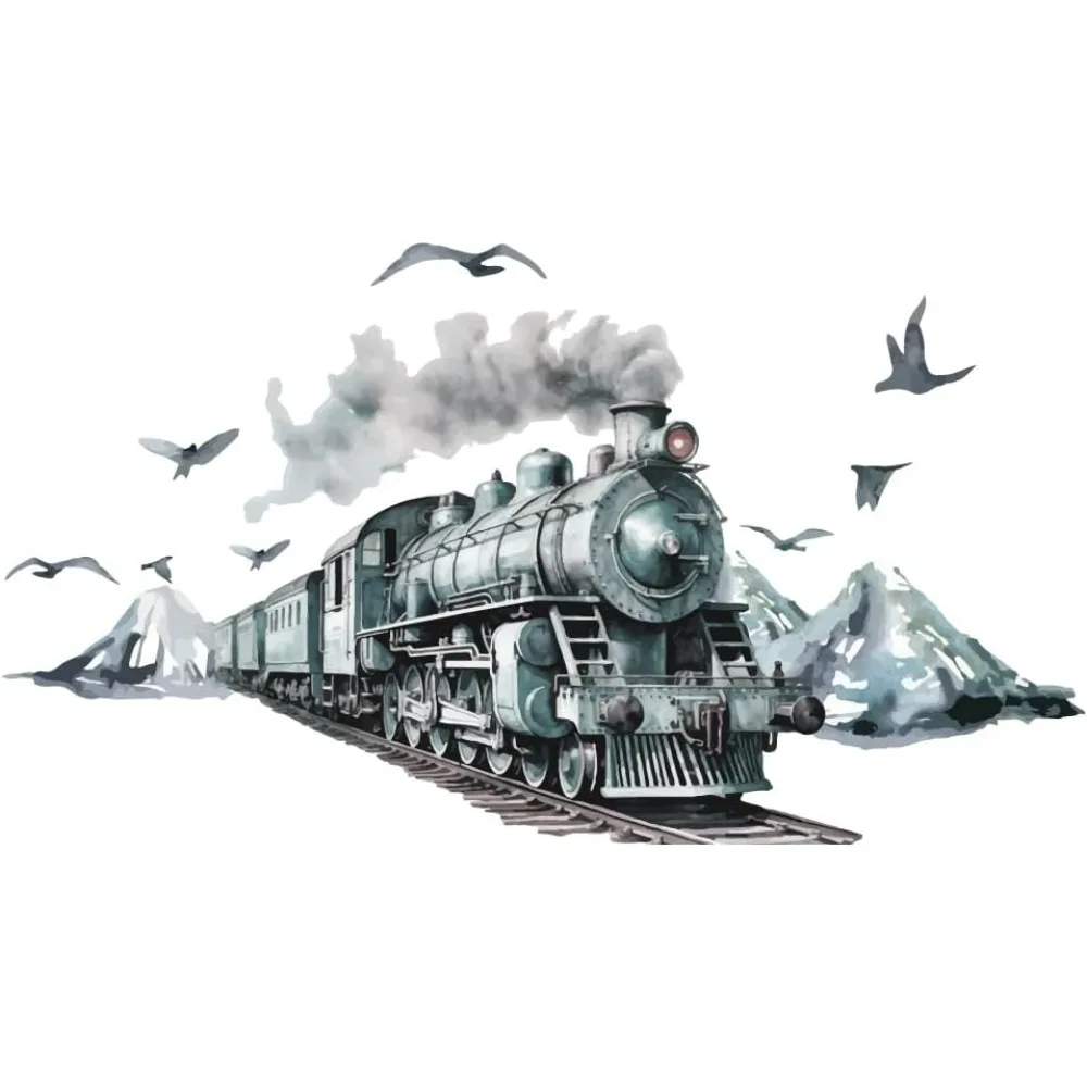 Vintage Train Wall Sticker Mountain Birds Wall Decal Watercolour Train Blue Wall Stickers Removable Art Murals for Living