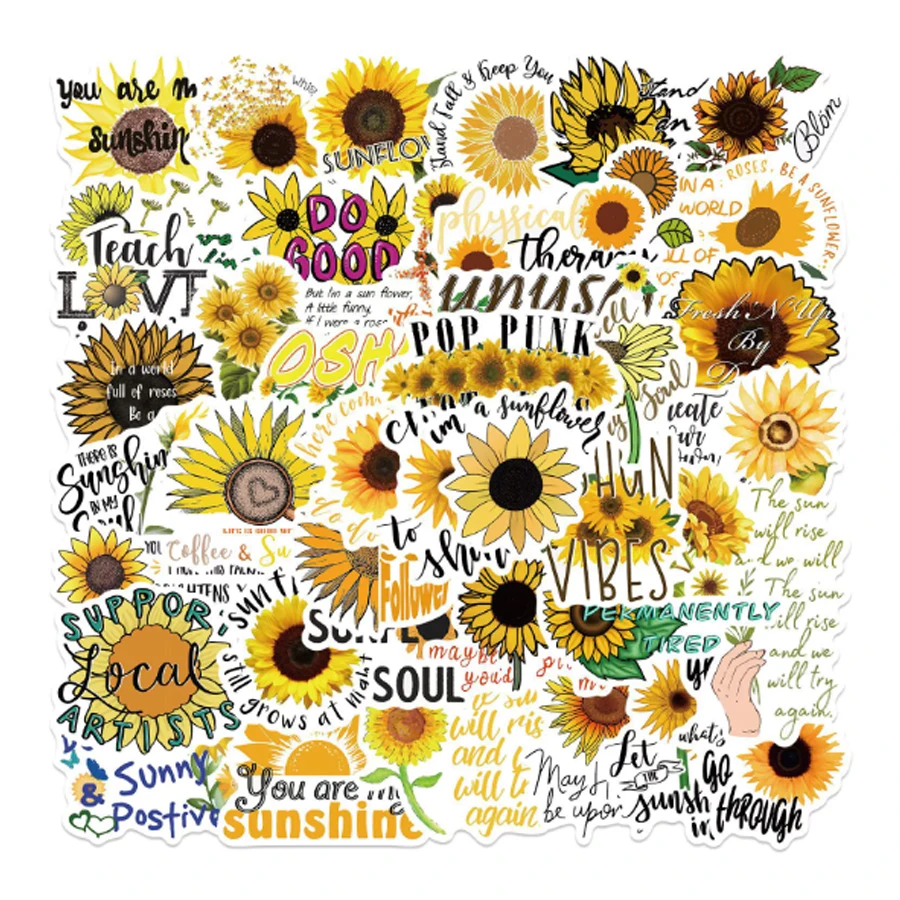 50Pcs Inspirational Sunflower Stickers, Cute Decorative Label Stickers, Suitable for Luggage, Notebooks, DIY Creations, Decorative Stickers, Cute Decorative Stickers for Scrapbooking Stationery, Decorative Label Stickers Suitable for Diary Scrapbooking, Photo Albums, Stationery Tape, Diary Scrapbooking Materials