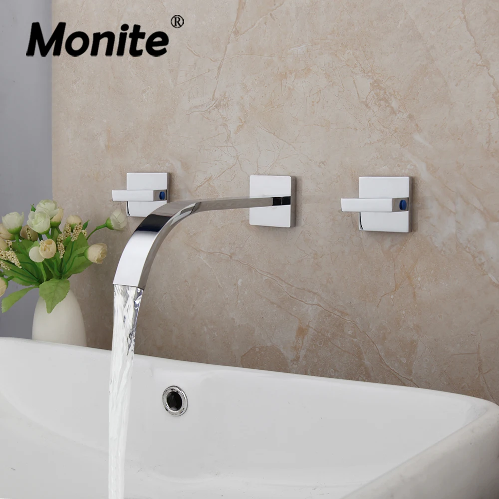 

Monite Chrome Polish Bathroom Bathtub Faucet Waterfall Washbasin Tub Filler Faucet Brass Double Handles 3pcs Faucet Mixer & Tap