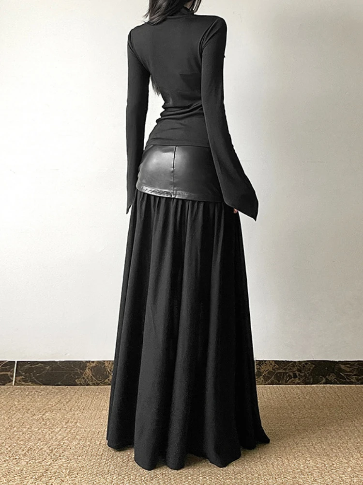 Y2k 美的ヴィンテージ PU パッチワーク女性スカート原宿ハイウエスト妖精 A ラインロングスカートストリートプリーツグランジ段段段段