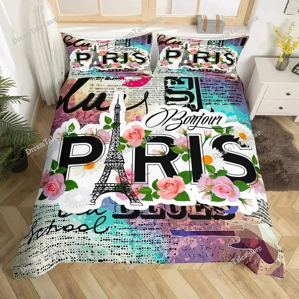 Eiffel Tower Duvet Cover Set Paris France Bedding Sets Queen Size Old Newspaper Style Comforter Cover for Men Women,Gray Stylish