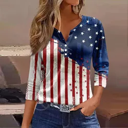 Women's Summer T-Shirts Fashion Casual Everyday Versatile V-Neck 3/4 Length Sleeve Tops Independence Day T-Shirt Tops Plus Size