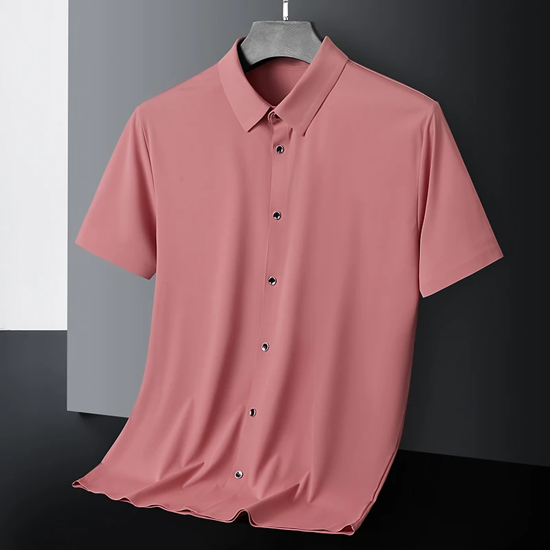 New High-quality Ice Silk Men\'s Business Casual Short Sleeved Shirt Summer Ultra-thin Breathable Outdoor Sports Solid Color Top