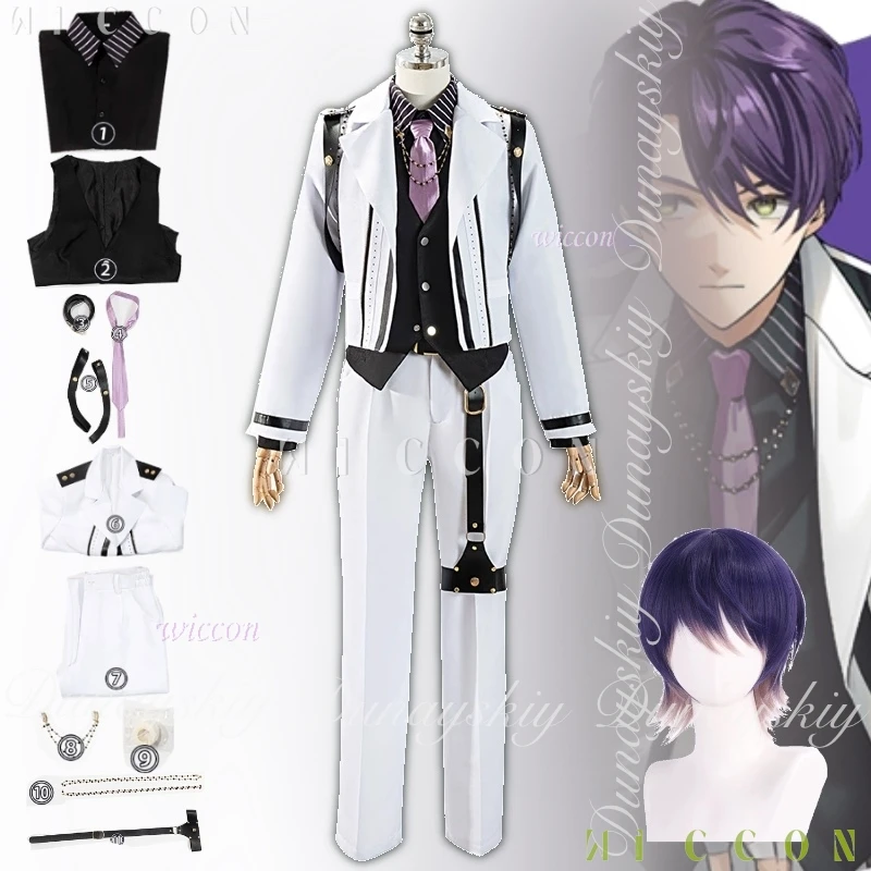 

Halloween Costume NIJISANJI Anime Kenmochi Touya Cosplay Swordsmanship Department Vice General With White Suit Purple Wi