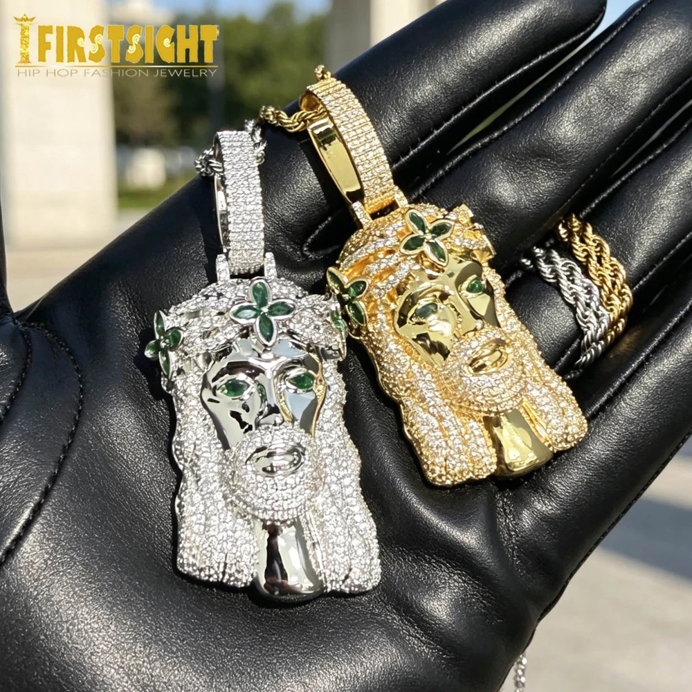 Iced Out Bling Jesus Pendant Necklace Green Cubic Zirconic Paved Charm Hip Hop Christian Jewelry Religious Gifts For Men