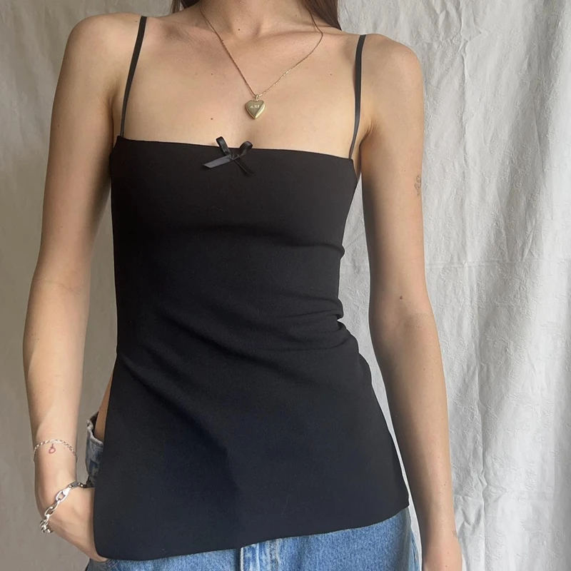 Kawaii Bow Slim Fit Camisole Y2K Fairy Core Side Split Sleeveless Crop Tops 90s Vintage Chic Women Backless Tank Top Vest