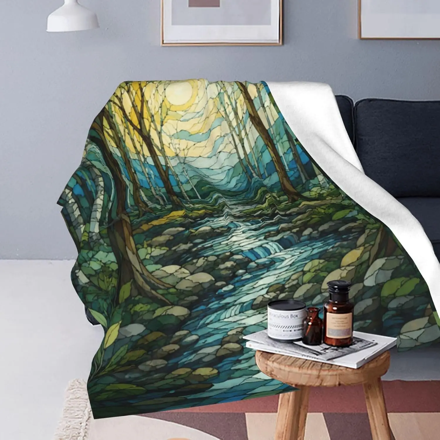 Stained Glass Forest Stream Sun Birch Tree Print Flannel Blanket Sofa Bedroom Warm Throw Blanket For Home Camping Daily Use