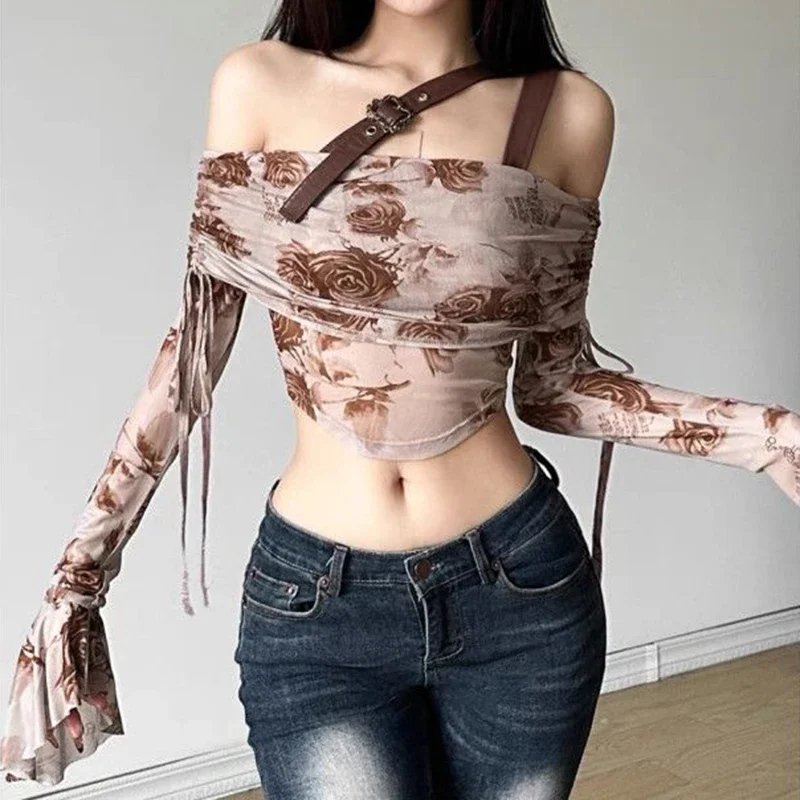 

Rose print spicy girl elastic mesh base shirt for spring and summer women clothing blusas mujer de moda 2024