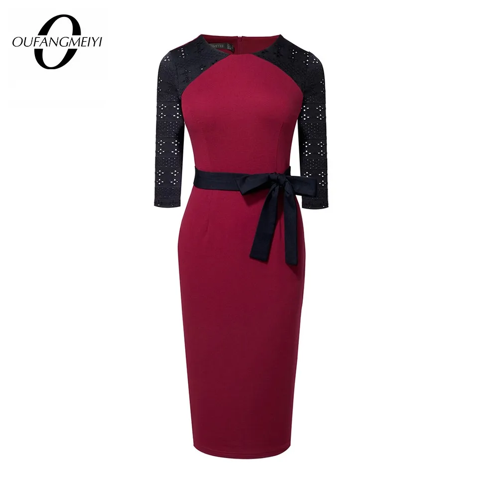 

Women Retro Elegant O Neck 3/4 Sleev Patchwork Lace Up Bow Lady Bodycon Pencil Dress EB738