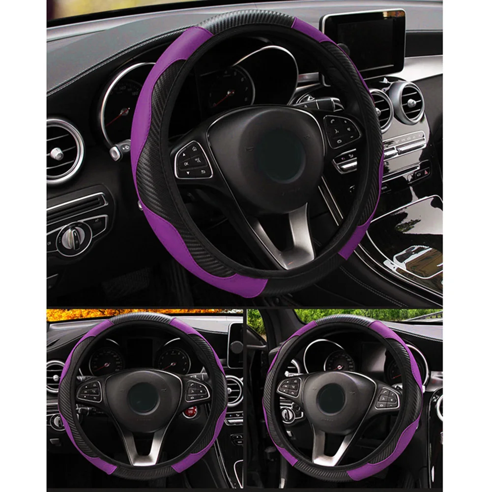 Car Carbon Fiber Leather Steering Wheel Cover Black Purple Round D-Shaped 37-38CM Case Interior Replacement Parts