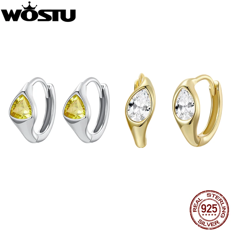 WOSTU Real 925 Sterling Silver Triangle Citrine Hoop Earrings 18K Gold Crytal Teardrop Ear Hoops Simple Geometric Jewelry Gift