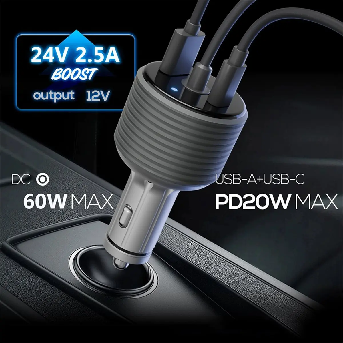 60W DC-DC Boost Car Power Adapter, Dual USB and Lighter Port for RV Boat Truck Off-Grid