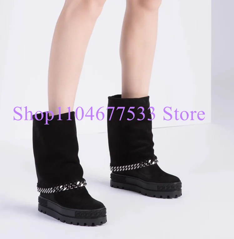 

Chains Decor Woman Short Boots Fashion 8cm Increasing Heel Lady Platform Ankle Boots Female Mid-calf Boots Casual Shoes