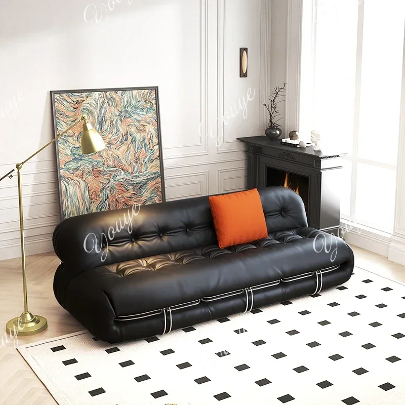 N68 Bauhaus-Inspired Italian Leather Sofa Designer 3-Seater in Black, Wabi-Sabi Minimalist Style Genuine Leather Black Couch roo
