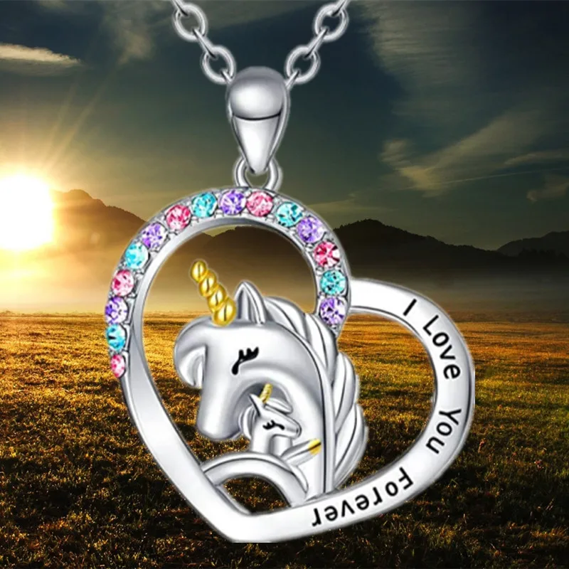 Fashion Mother Child Unicorn Necklace Heart Zircon Pendant Animal Necklaces for Women Unicorn Jewelry Party Anniversary Gift