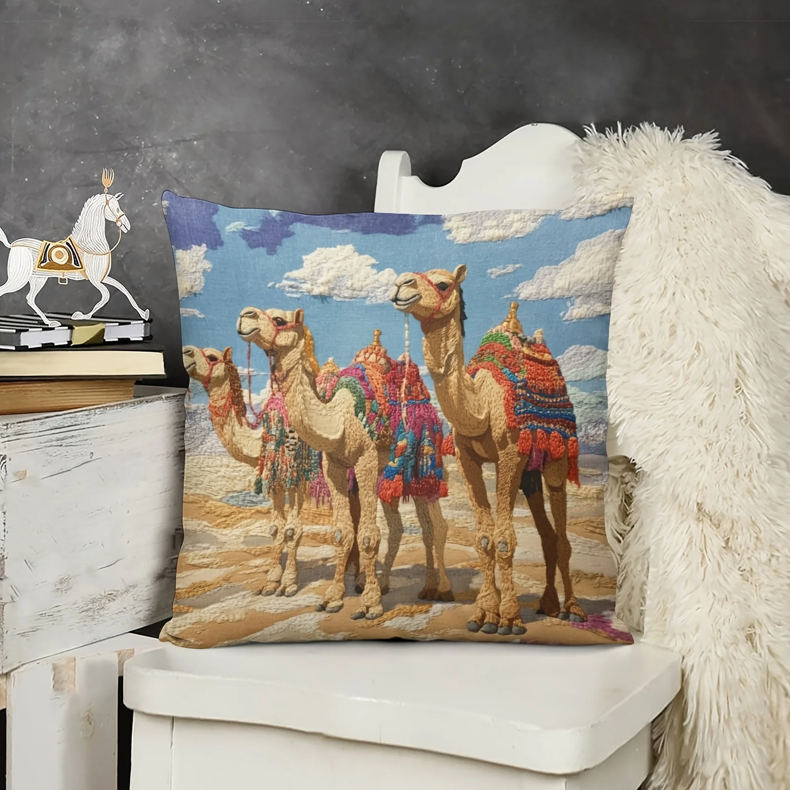 Camel Pillow Case, Desert Caravan Cushion Cover, Colorful Ethnic Art Home Decor for Sofa Bedroom Living Room Boho Gift