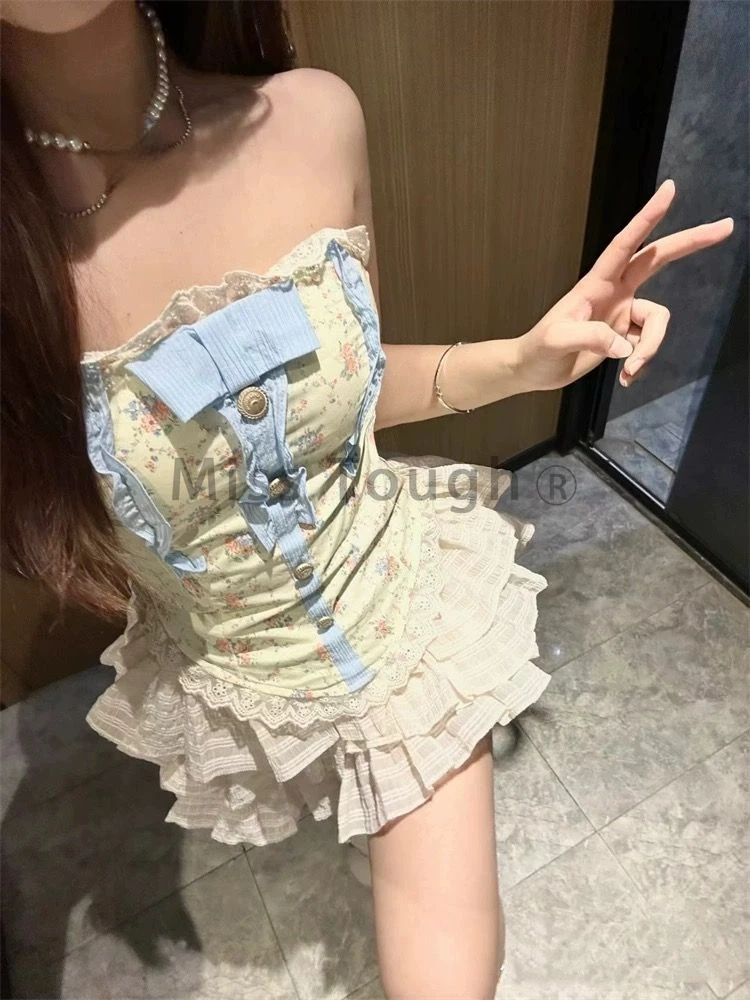 Sweet Bow Sleeveless New Two Piece Set Women Fairy Lace Tops + A-line Pleate Skirts Female Kawaii Korean Fashion Party Suit 2024