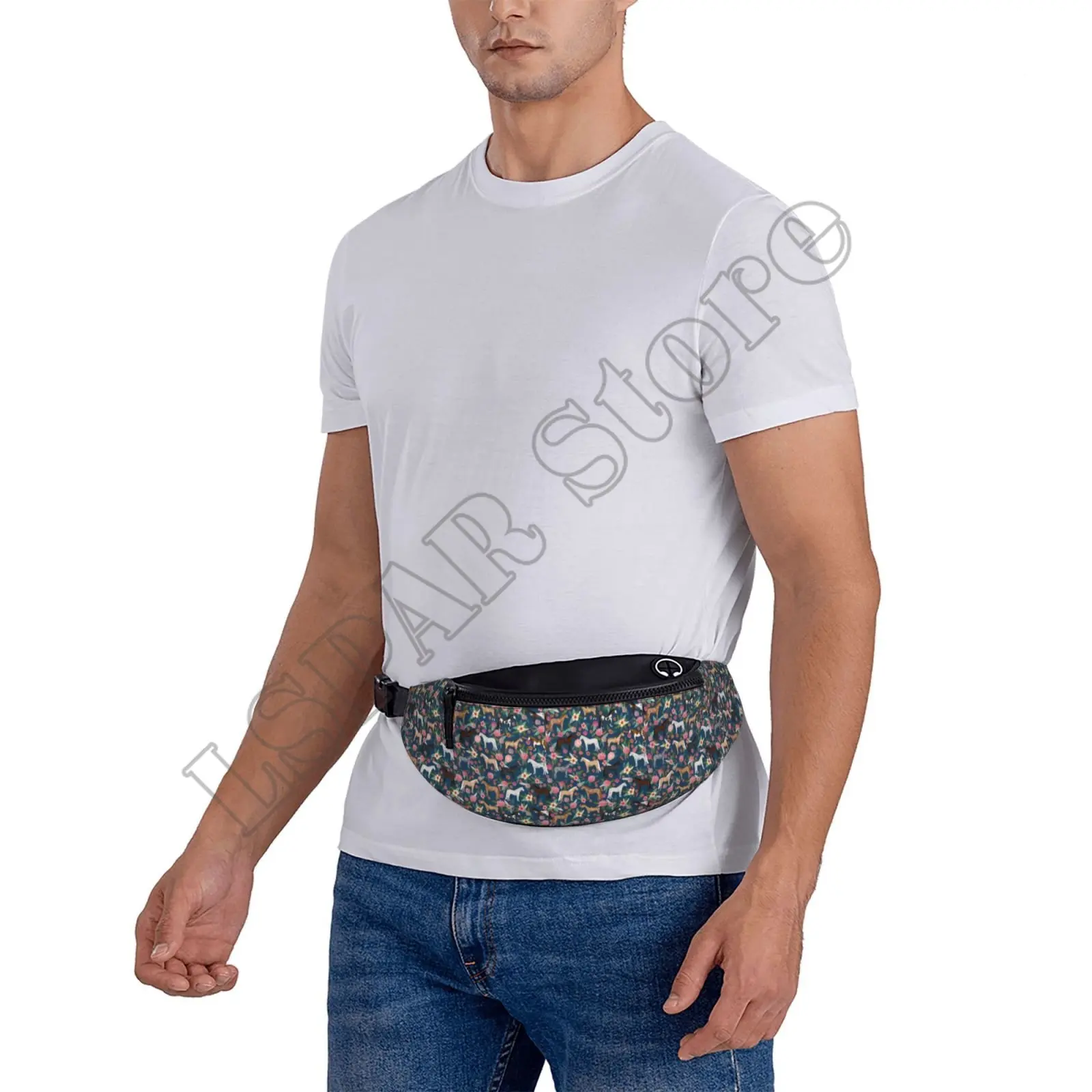 Funny Cute Navy Flower Horses Waist Bag with Headphone Hole Belt Bag Adjustable Sling Pocket Fashion Hip Bum Bag Cycling