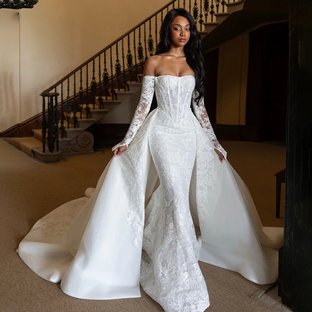 2 in 1 Lace Wedding Dresses Detachable Train Mermaid White Bride Dress Off Shoulder Long Sleeve Elegant Bridal Gown Customized
