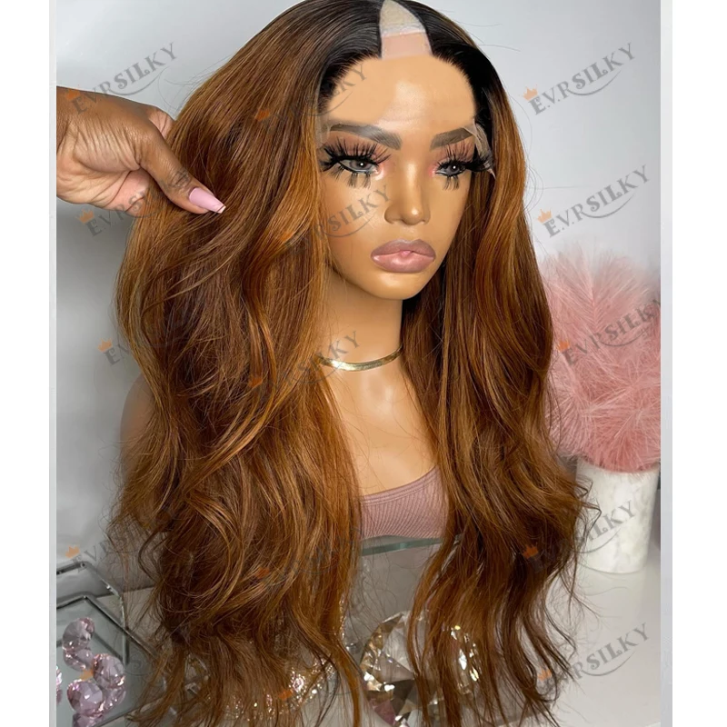 Peruvian Full Machine Made 1x4 V Part Human Hair Wigs for Black Women Glueless Long Wavy Dark Copper Brown Opening V Part Wigs