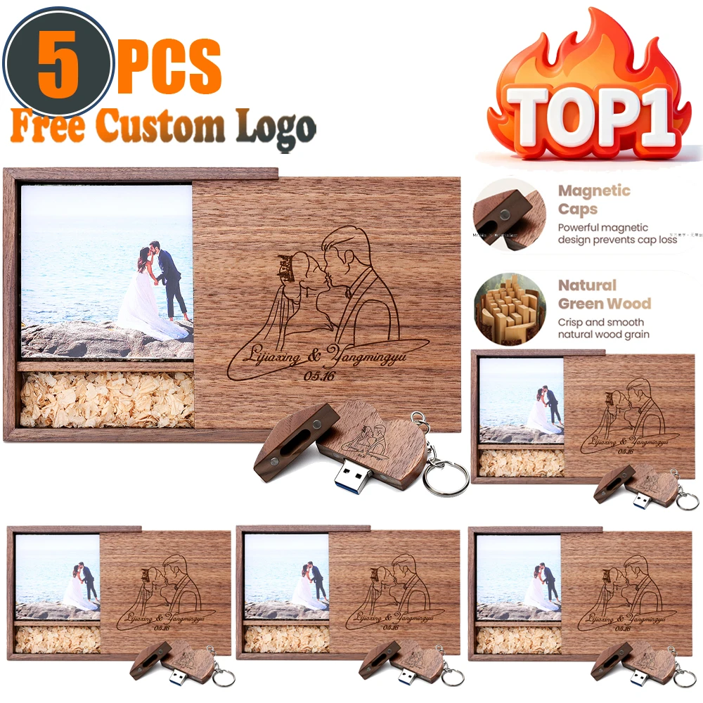 5개 묶음 천연 나무 상자 USB 플래시 드라이브 128GB 크리스마스 선물 펜 드라이브 64GB 무료 로고 USB 스틱 32GB 디자인된 웨딩 선물