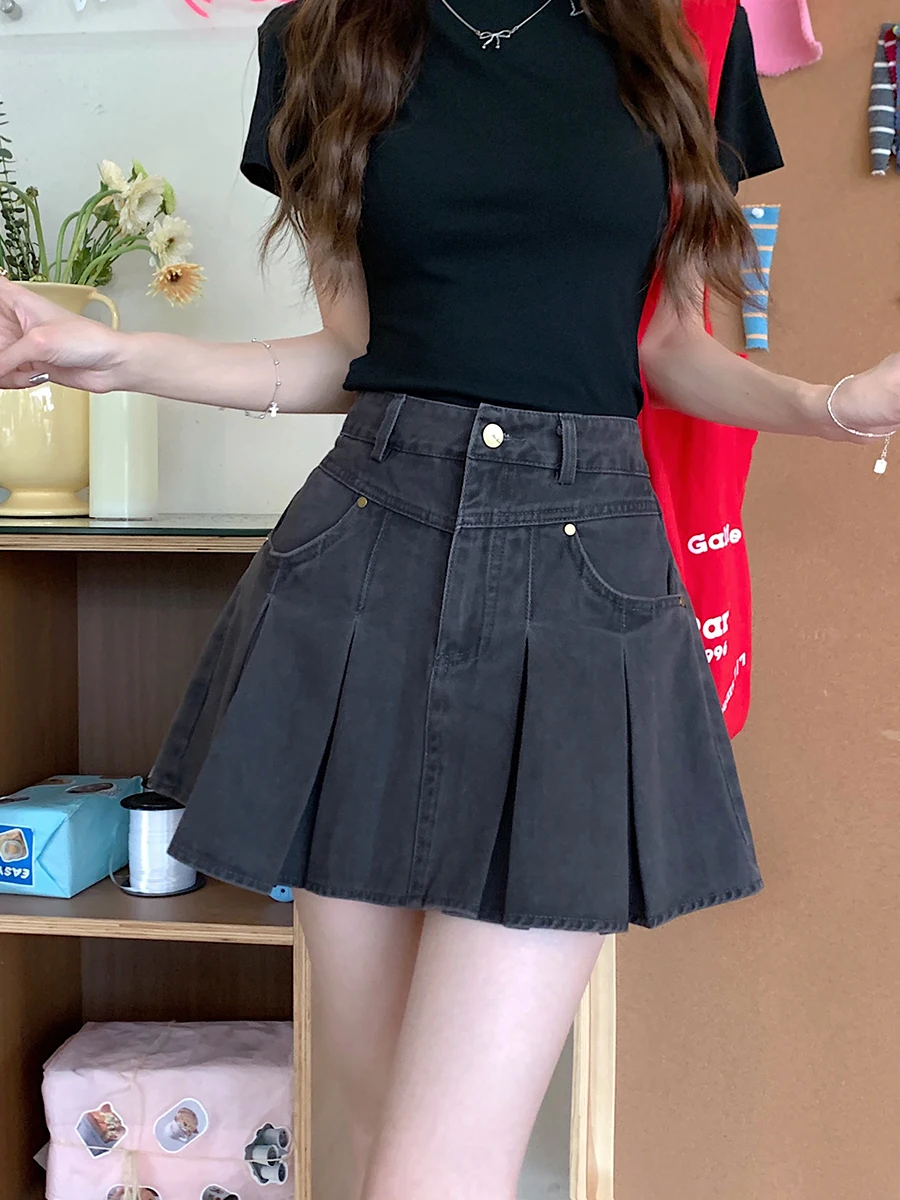 

plus Size Summer Denim Pleated Skirt High Waist Slimming Wrap around ort A-Line Skirt for Small Stature Women Fat Sister
