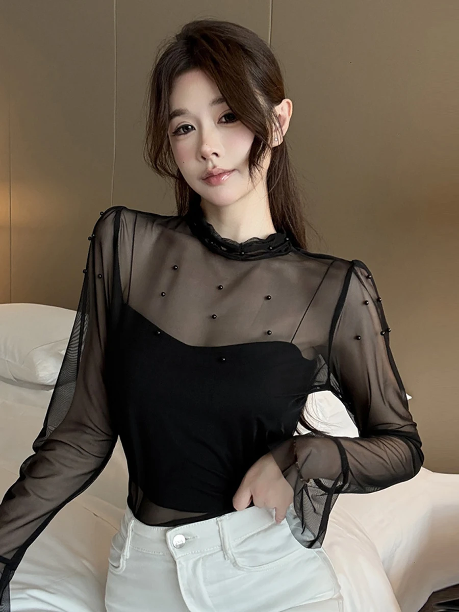 

Сексуальный приталенный крой с высоким воротником, прозрачная прозрачная верхняя основа для молодых женщин, длинное кружевное платье со снежинкой D...