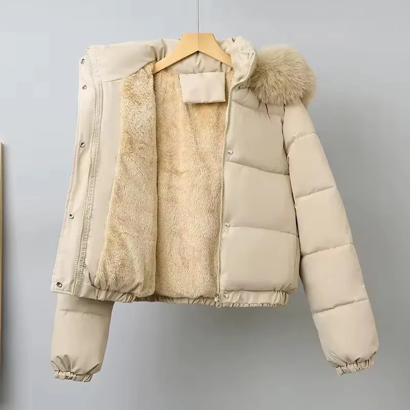 Winter Short Parkas Women's Cotton-padded Clothes Fleece Lining Thicken Warm Outerwear Fur Collar Removable Hooded Quilted Coat