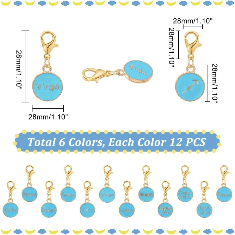 72pcs 12 Constellations Pendants, Enamel Constellation Charms with Lobster Claw Clasps Crochet Stitch Markers Sign Pendants