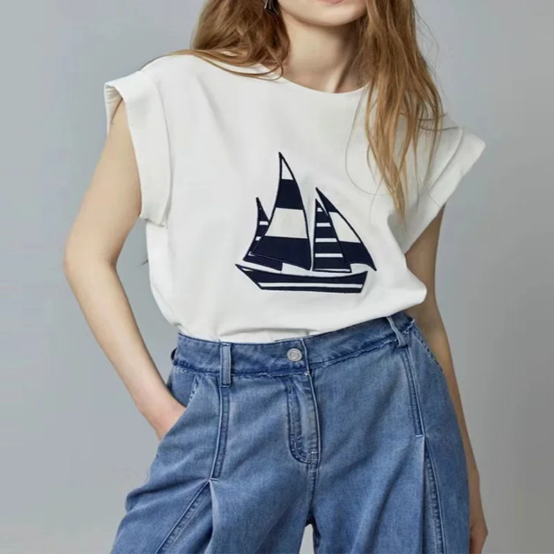 2024 Chic Summer Fashion T-shirt Haute Pattern European Fashion Simple Loose Blouse Silk Short-sleeved O Neck Women's Clothes