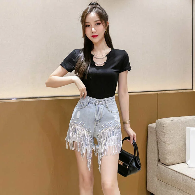 Womens Summer Denim Shorts 2024 Y2k Elegant Fashion High Waist Diamond Studded Rhinestones Sequin Jean Pants For Ladies