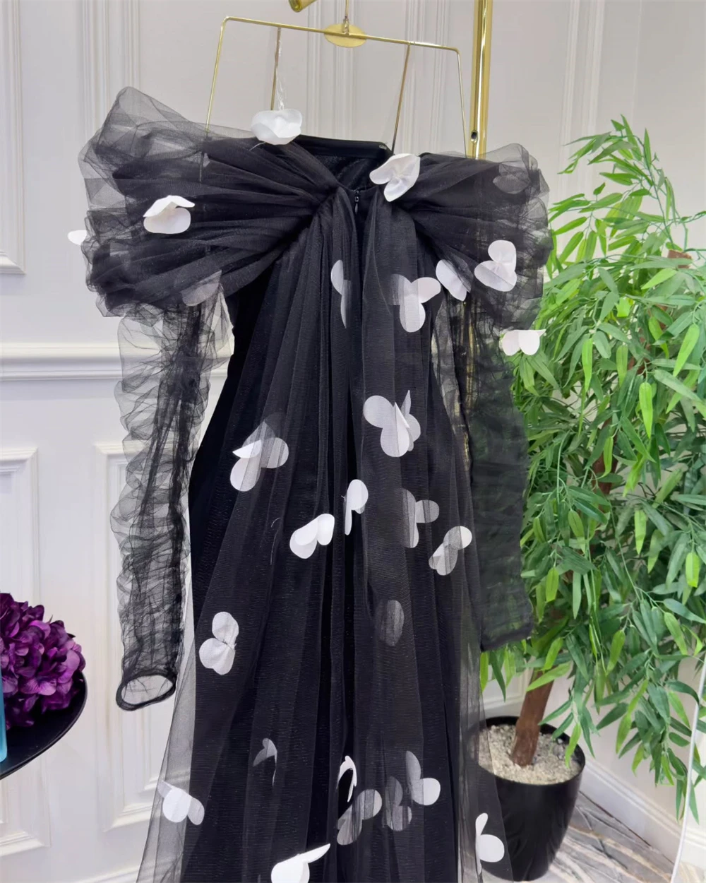 Customized Evening Dress Classic Black Jersey Strapless Off the Shoulder Long Sleeves Watteau Train Appliques Ruched Prom Gowns